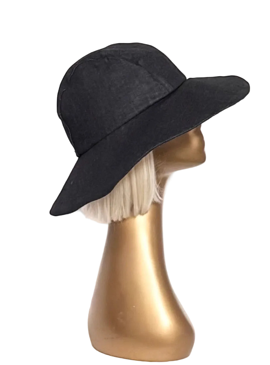 Black Denim Sun Hat with Satin Lining